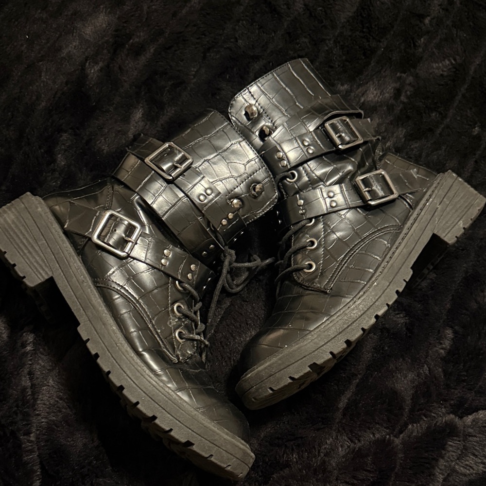 Black Croc-Embossed Combat Boots